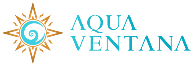Logo of Aqua Ventana featuring a stylized sun and swirling ocean graphic.